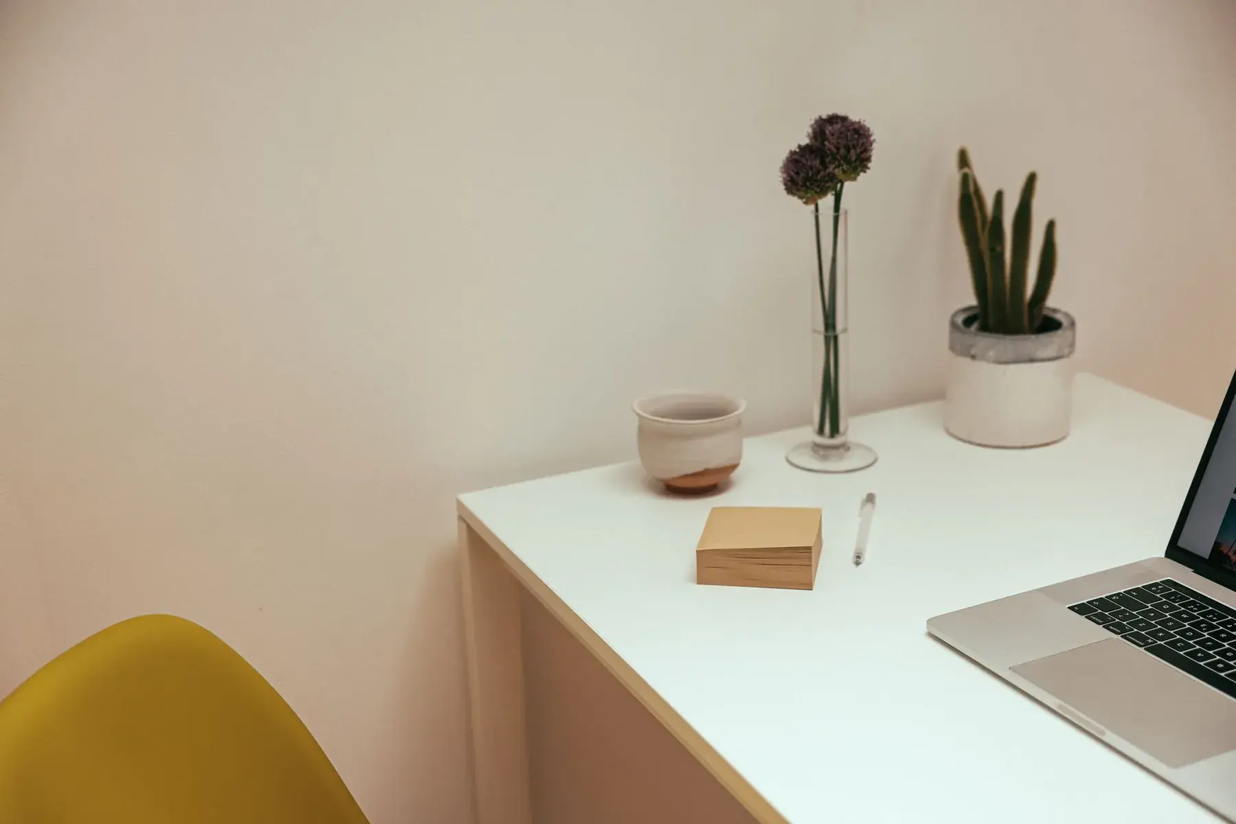 A clean desk corner with a laptop and plants.