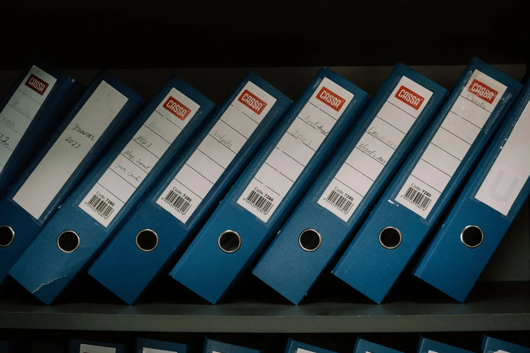 Blue binders lined up on a shelf.