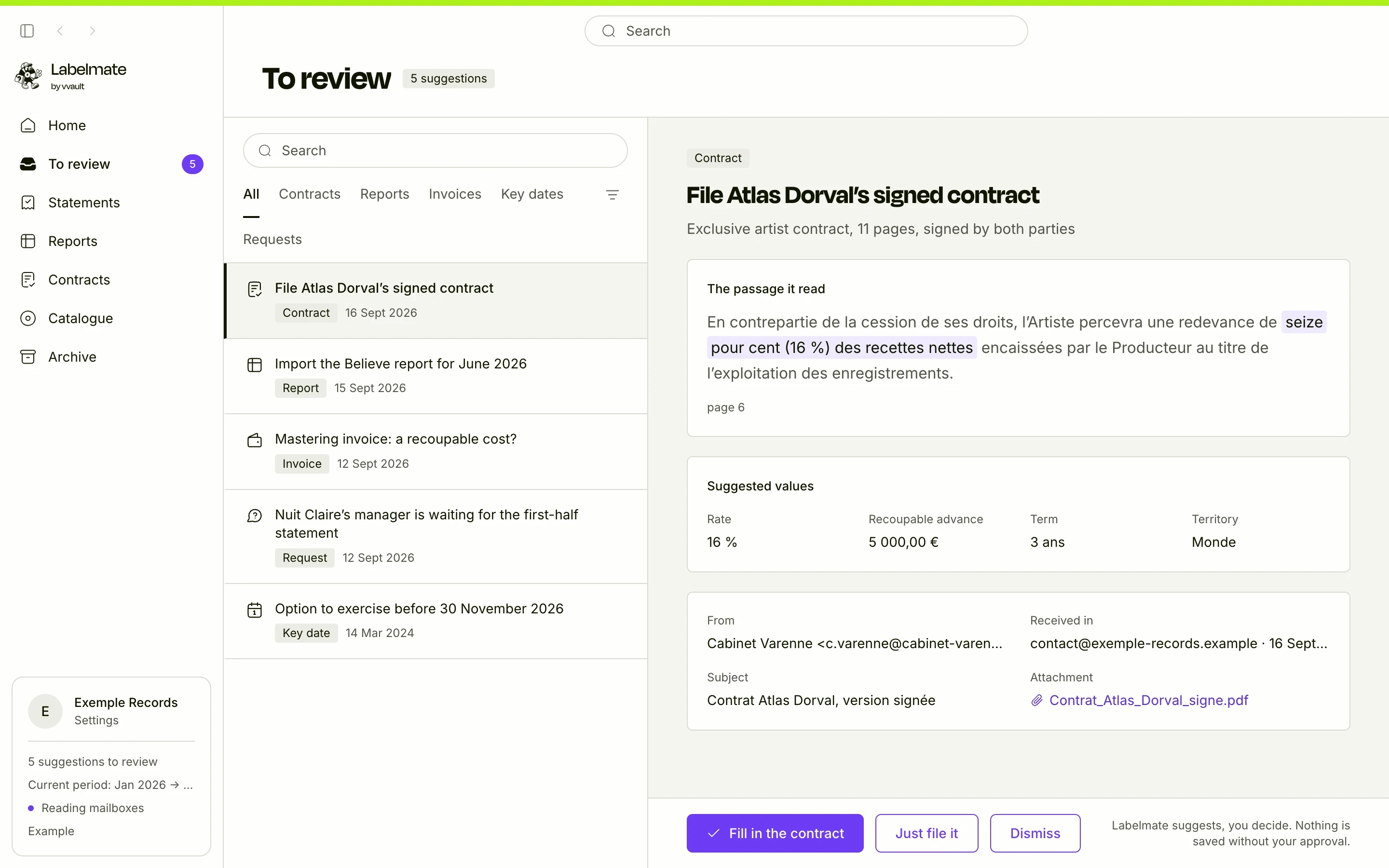 The Labelmate app: the To review list and a contract read by the AI, with the passage it quotes.