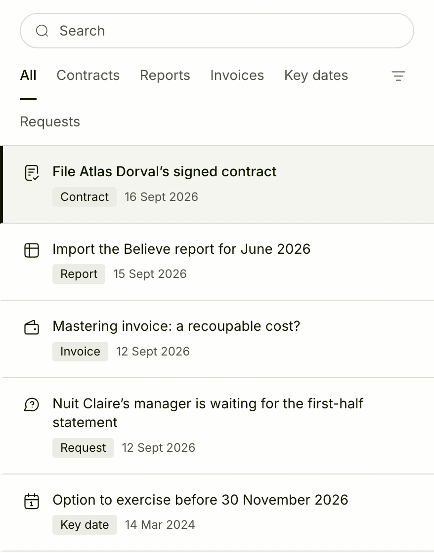The To review list: a contract, a report, an invoice, a request, a key date.
