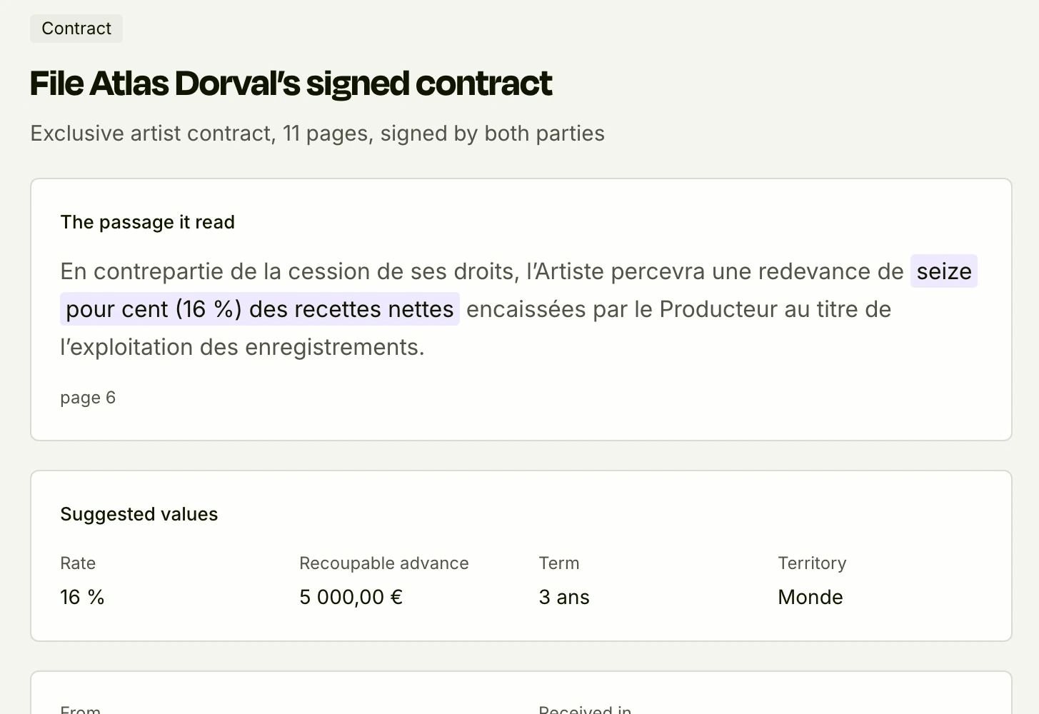 A contract read by the AI: the passage it quotes, then the rate, advance, term and territory it proposes.