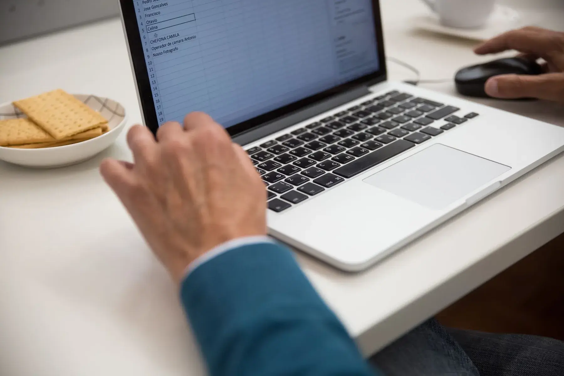 Someone working in a spreadsheet on a laptop.